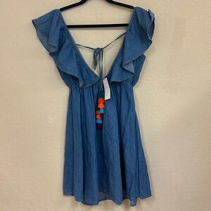 Blue Ruffle V-Neck Summer Dress with Tassel Detail